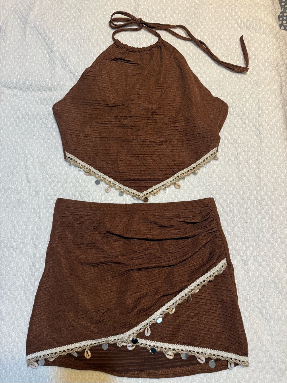 Brown Crochet-Trim Halter Skirt Set